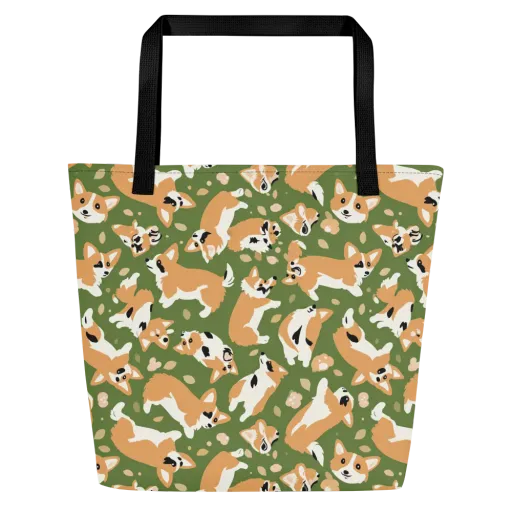 Mossy Corgi Meadow on a Large Tote Bag W/ Pocket