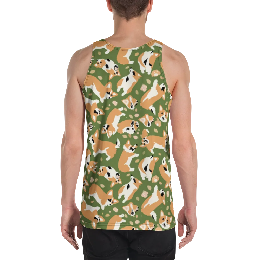 Mossy Corgi Meadow on Men's Tank Top — Back