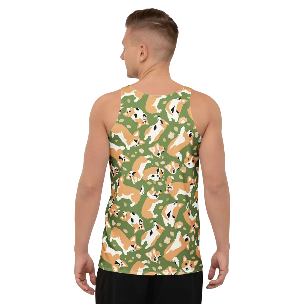 Mossy Corgi Meadow on Men's Tank Top — Back