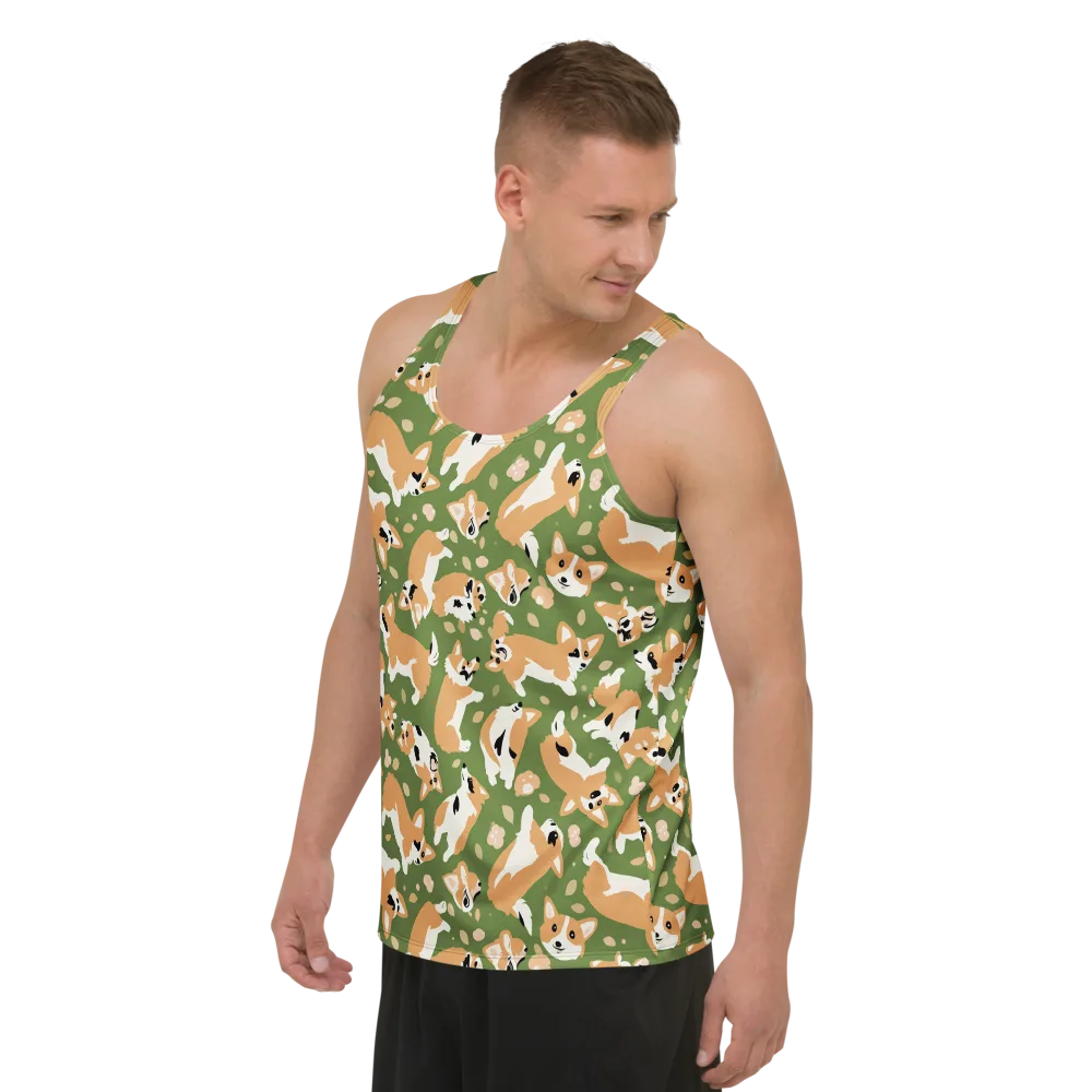 Mossy Corgi Meadow on Men's Tank Top — Left Front