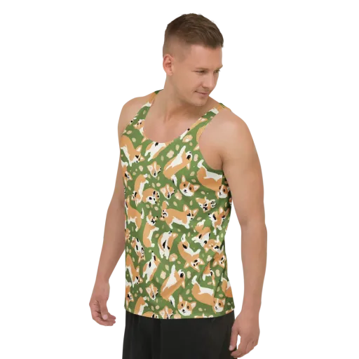 Mossy Corgi Meadow on a Men's Tank Top