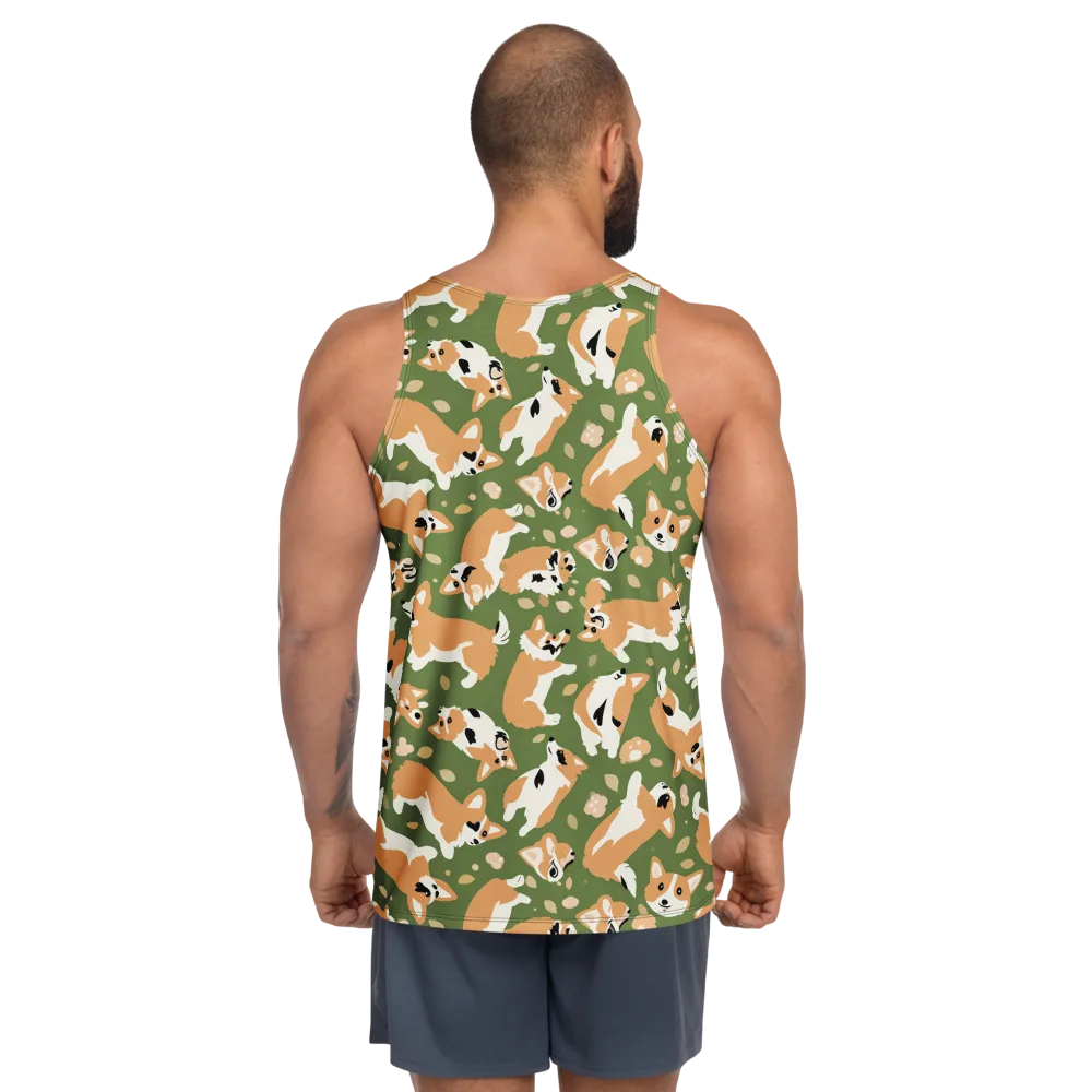 Mossy Corgi Meadow on Men's Tank Top — Back