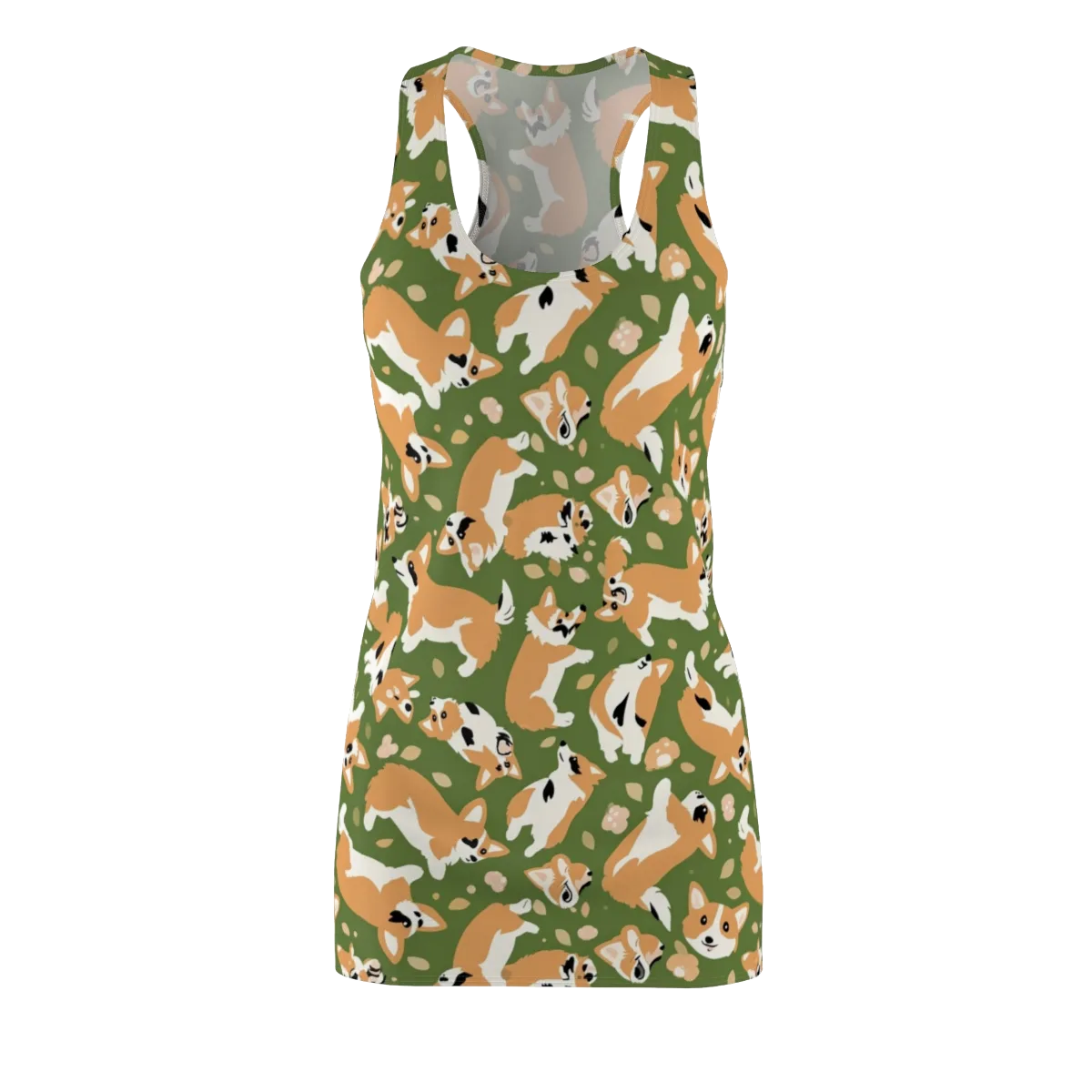 Mossy Corgi Meadow on Racerback Dress — Front