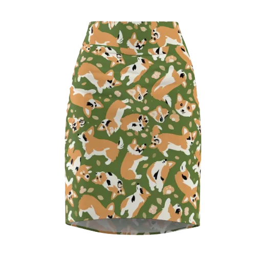 Mossy Corgi Meadow on a Pencil Skirt