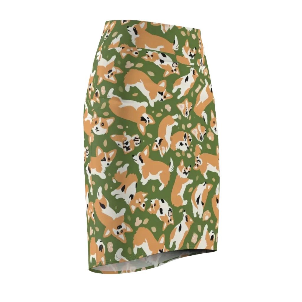 Mossy Corgi Meadow on Pencil Skirt — Front Side
