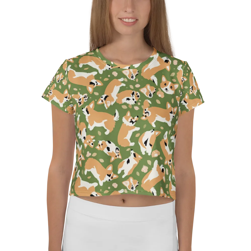 Mossy Corgi Meadow on Crop Tee — Front