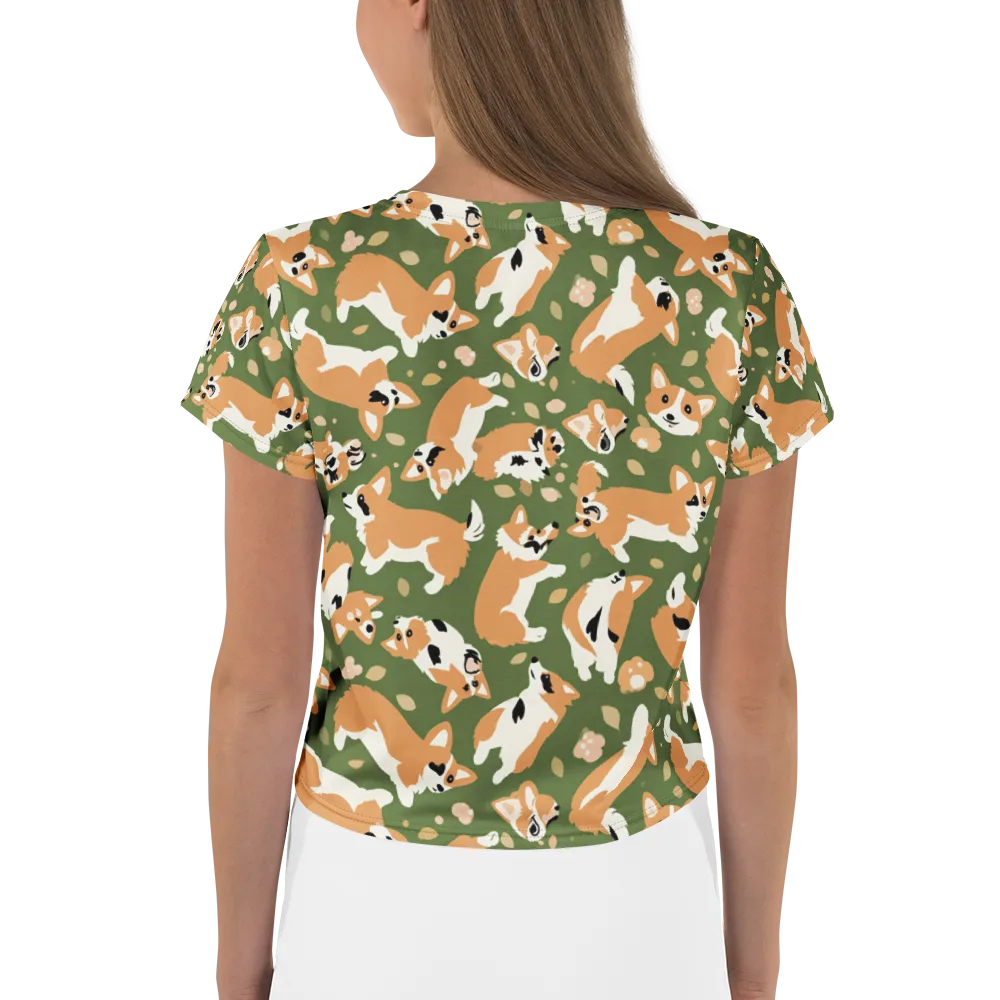 Mossy Corgi Meadow on Crop Tee — Back
