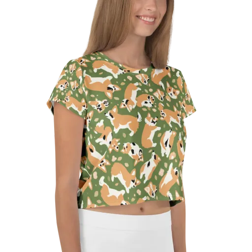 Mossy Corgi Meadow on a Crop Tee