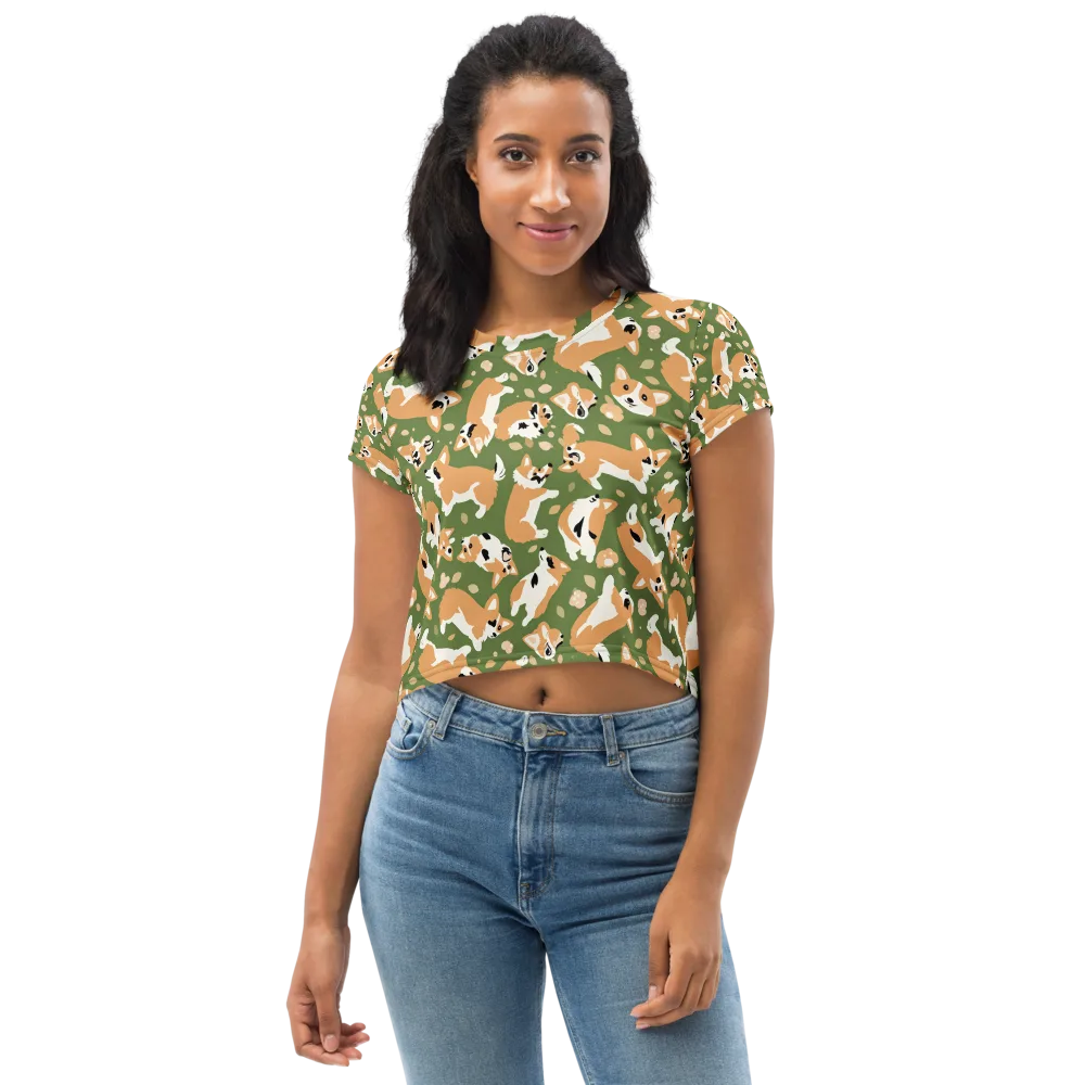 Mossy Corgi Meadow on Crop Tee — Front