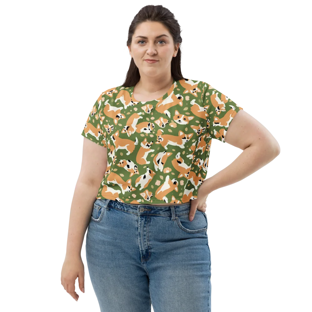 Mossy Corgi Meadow on Crop Tee — Front