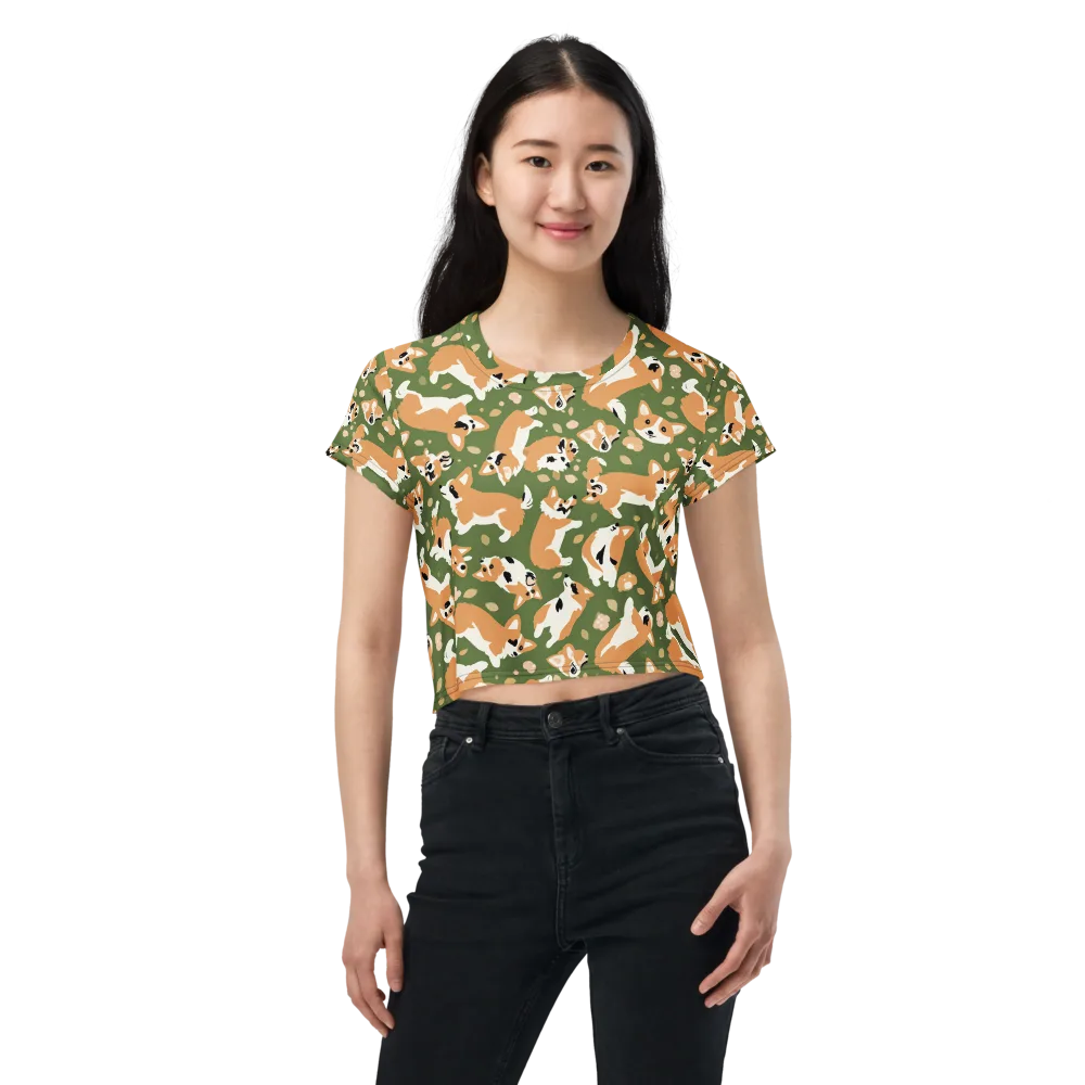 Mossy Corgi Meadow on Crop Tee — Front
