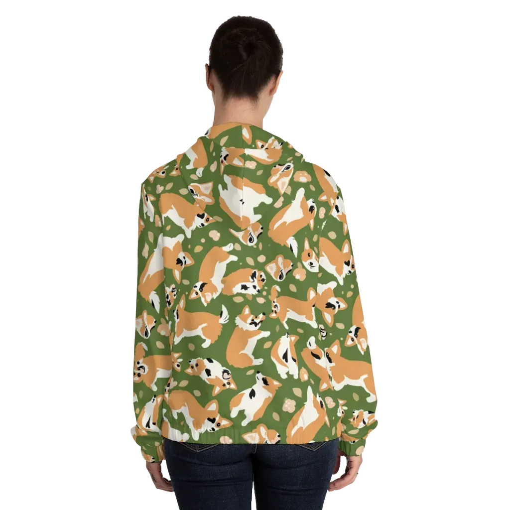 Mossy Corgi Meadow on Women's Full-Zip Hoodie — Back On Person