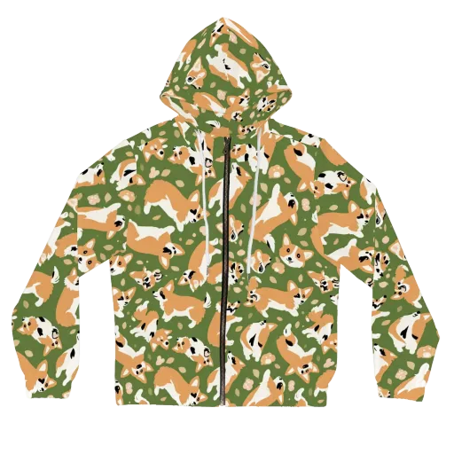 Mossy Corgi Meadow on a Women's Full-Zip Hoodie
