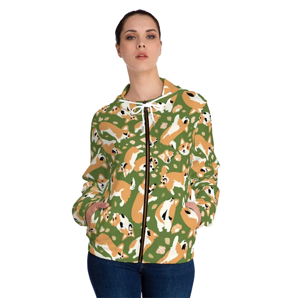 Mossy Corgi Meadow on Women's Full-Zip Hoodie — Front On Person