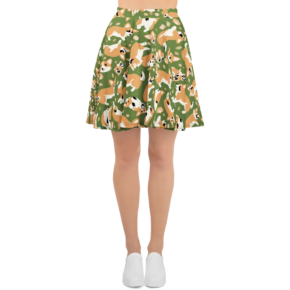 Mossy Corgi Meadow on Skater Skirt — Front