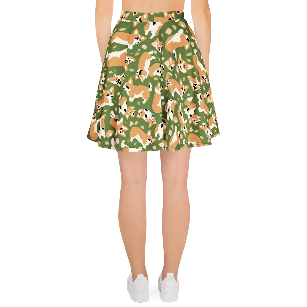 Mossy Corgi Meadow on Skater Skirt — Back