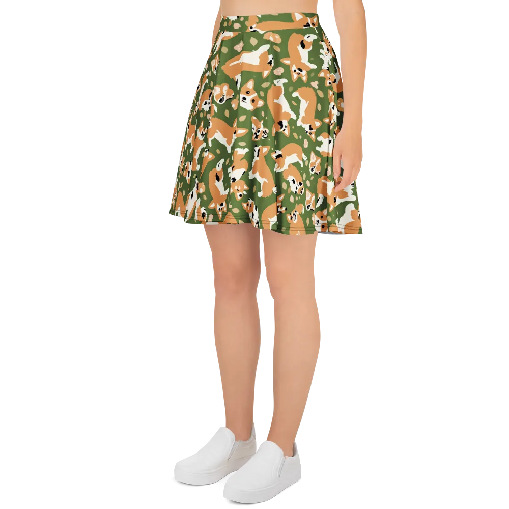 Mossy Corgi Meadow on Skater Skirt — Left