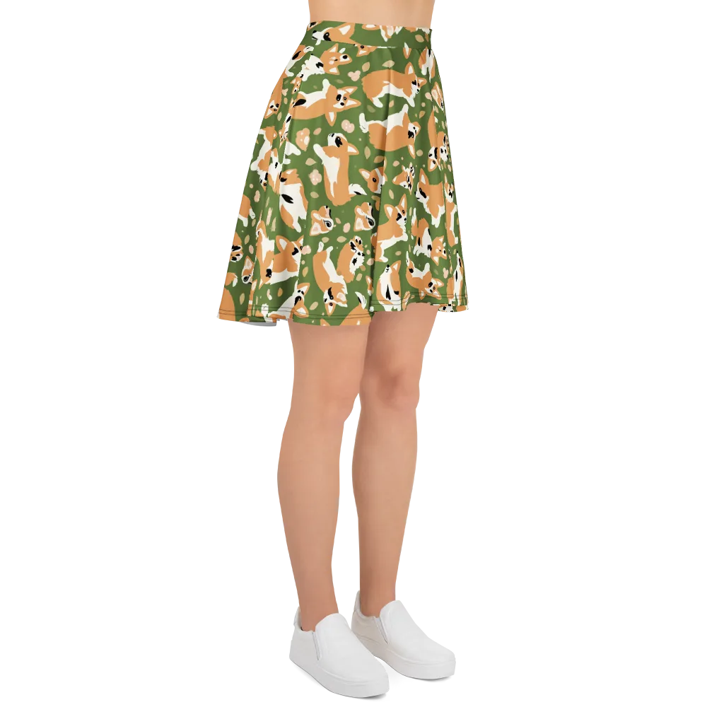 Mossy Corgi Meadow on Skater Skirt — Right