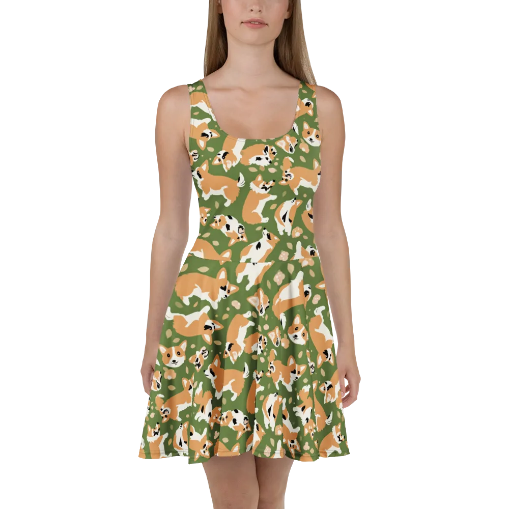 Mossy Corgi Meadow on Skater Dress — Front
