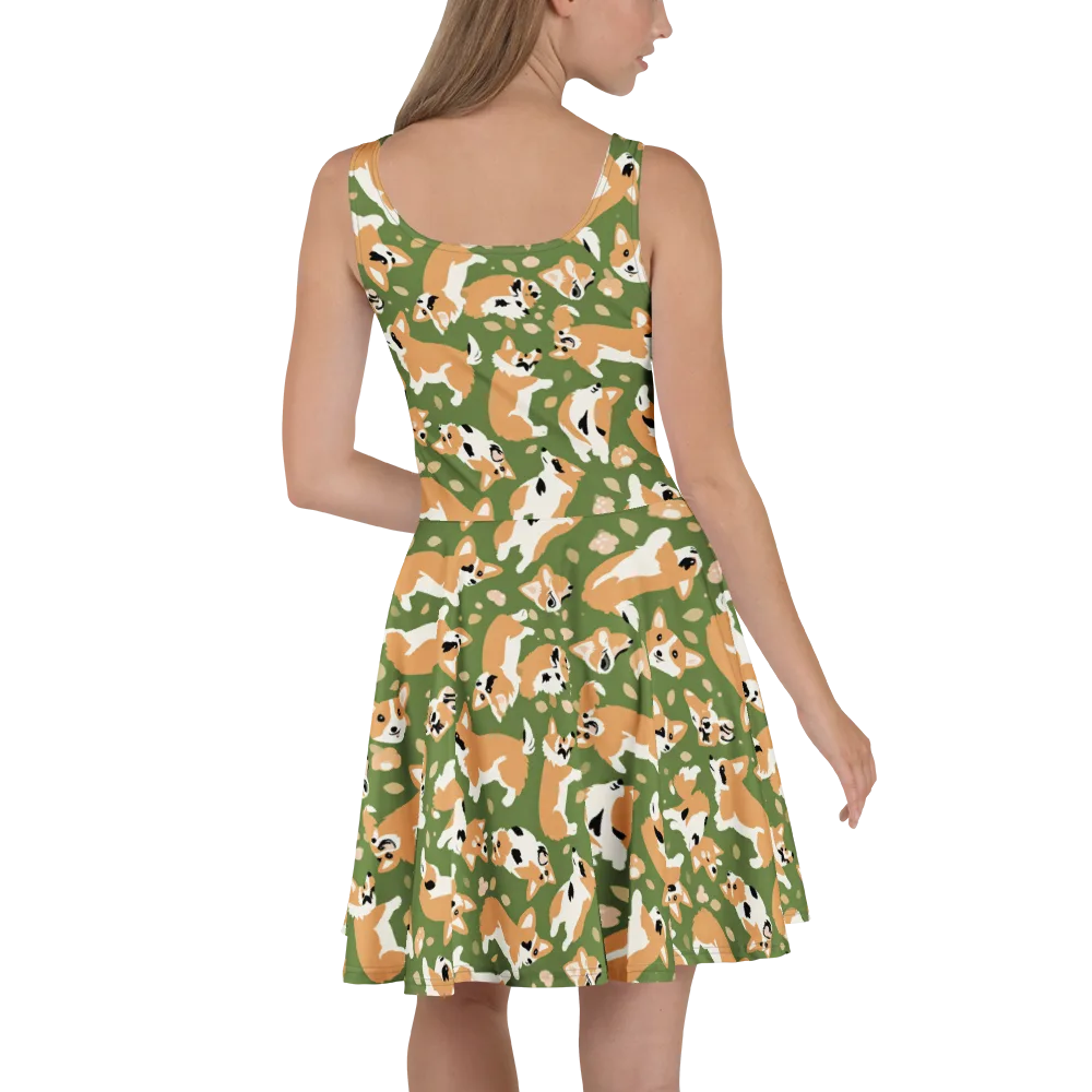 Mossy Corgi Meadow on Skater Dress — Back