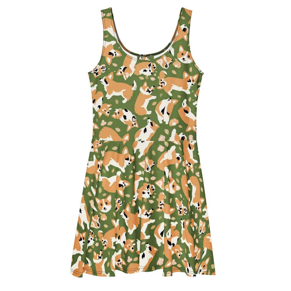 Mossy Corgi Meadow on Skater Dress — Front