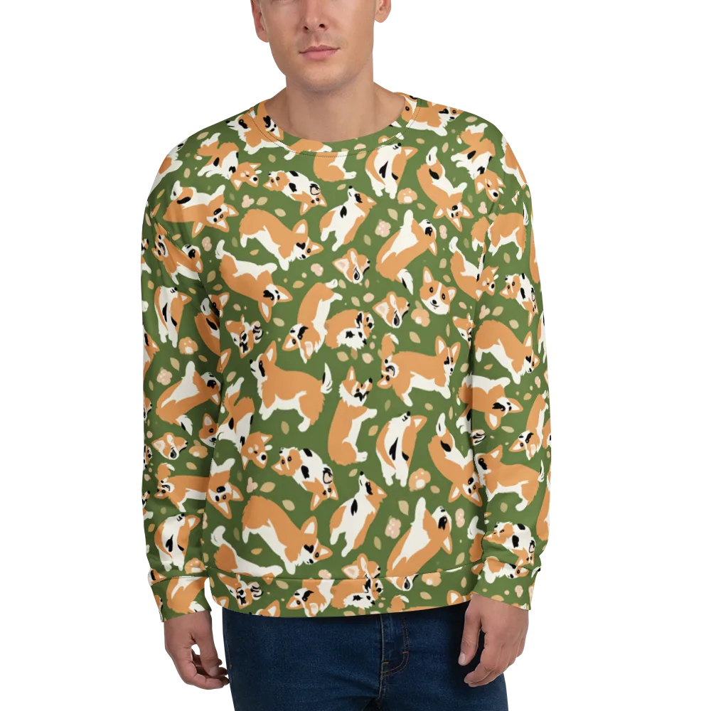 Mossy Corgi Meadow on Sweatshirt — Front