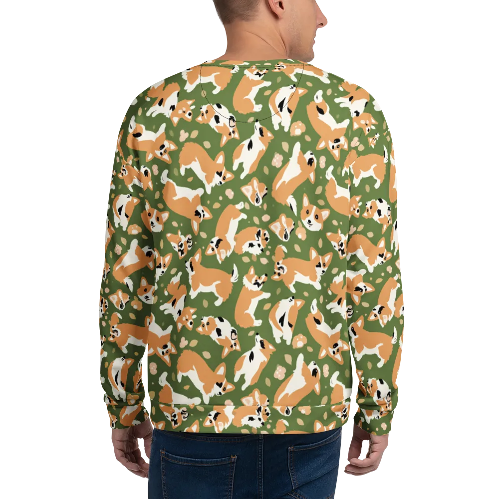 Mossy Corgi Meadow on Sweatshirt — Back