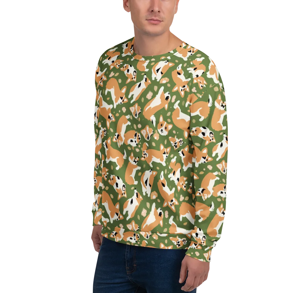 Mossy Corgi Meadow on Sweatshirt — Left Front