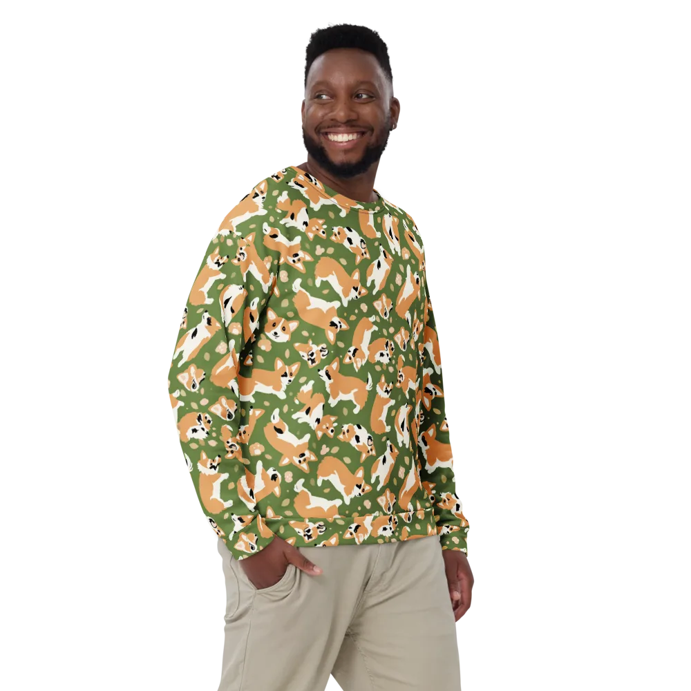 Mossy Corgi Meadow on Sweatshirt — Front