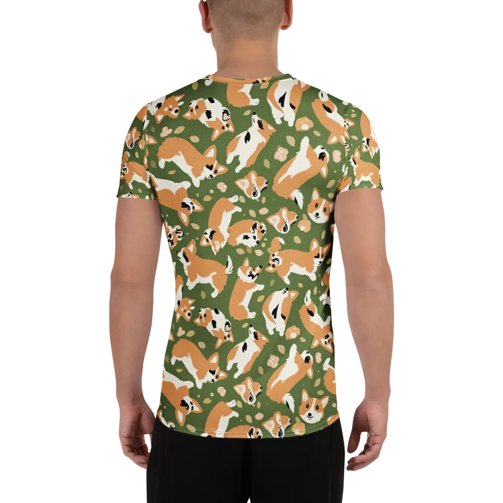 Mossy Corgi Meadow on Men's Athletic T-Shirt — Back