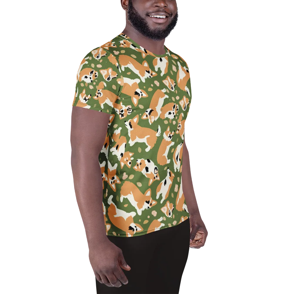 Mossy Corgi Meadow on Men's Athletic T-Shirt — Right