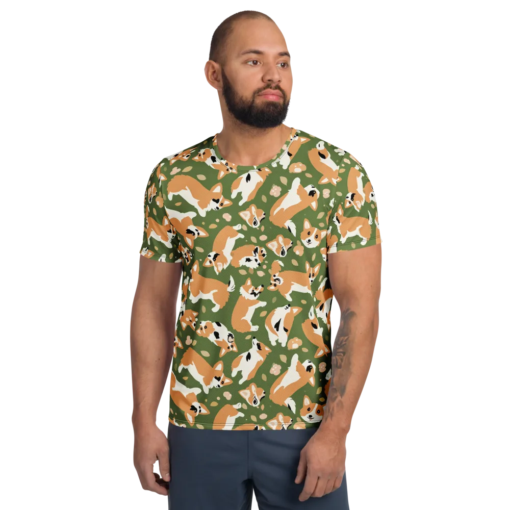 Mossy Corgi Meadow on Men's Athletic T-Shirt — Front
