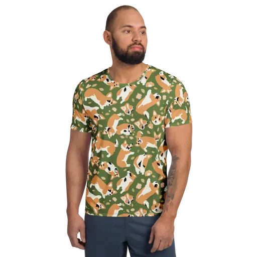 Mossy Corgi Meadow on a Men's Athletic T-Shirt