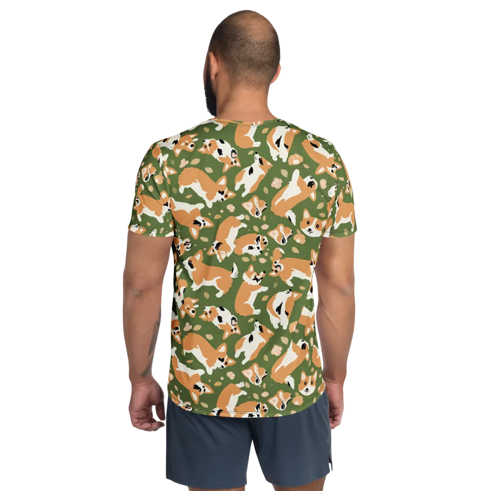 Mossy Corgi Meadow on Men's Athletic T-Shirt — Back