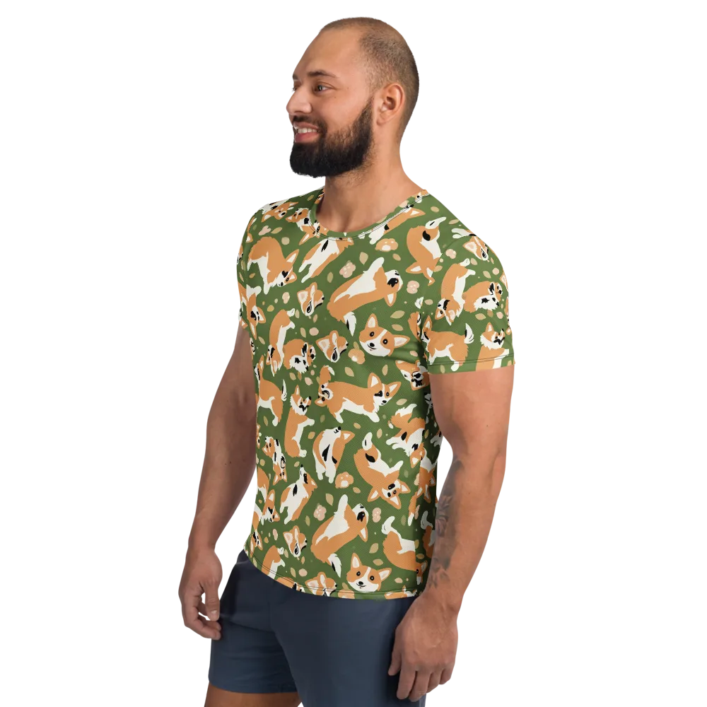 Mossy Corgi Meadow on Men's Athletic T-Shirt — Left