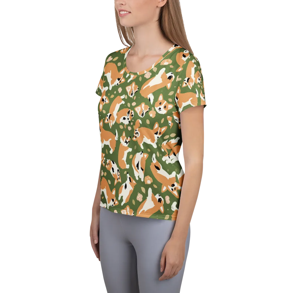 Mossy Corgi Meadow on Women's Athletic T-Shirt — Left