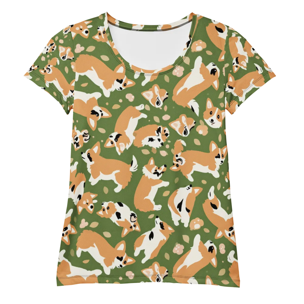 Mossy Corgi Meadow on Women's Athletic T-Shirt — Front