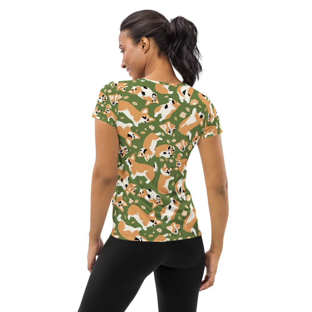 Mossy Corgi Meadow on Women's Athletic T-Shirt — Back