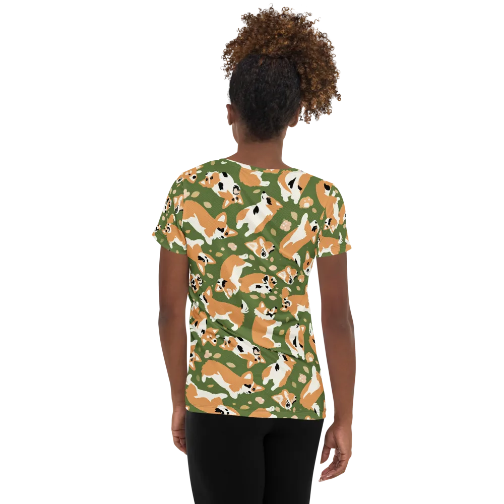 Mossy Corgi Meadow on Women's Athletic T-Shirt — Back