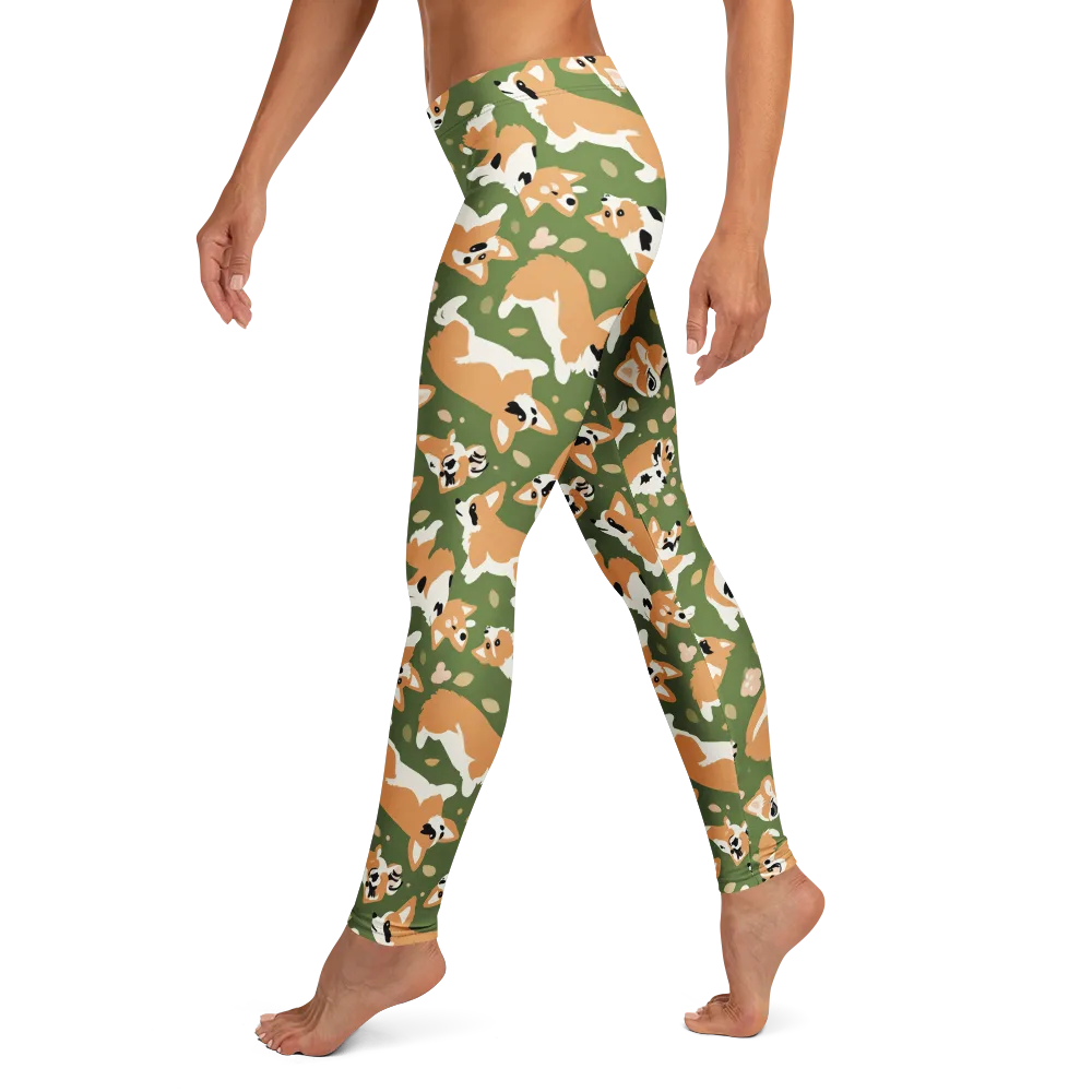 Mossy Corgi Meadow on Leggings — Left
