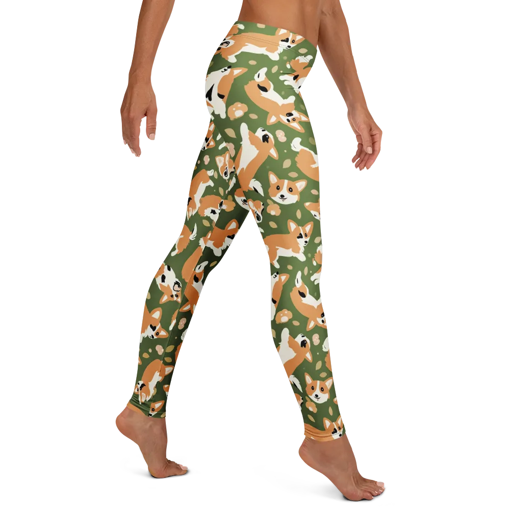 Mossy Corgi Meadow on Leggings — Right