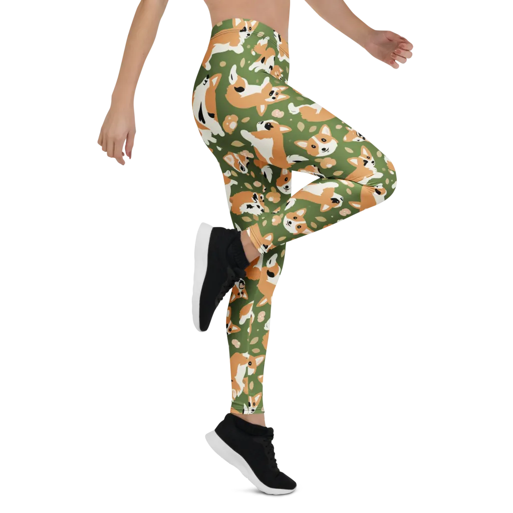 Mossy Corgi Meadow on Leggings — Right