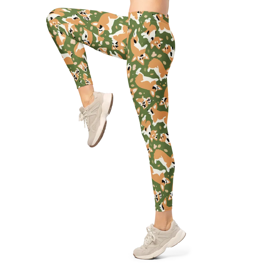 Mossy Corgi Meadow on Leggings — Left