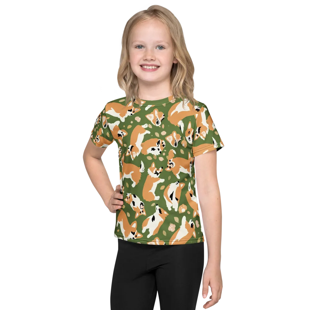Mossy Corgi Meadow on Kids Crew Neck T-Shirt — Front