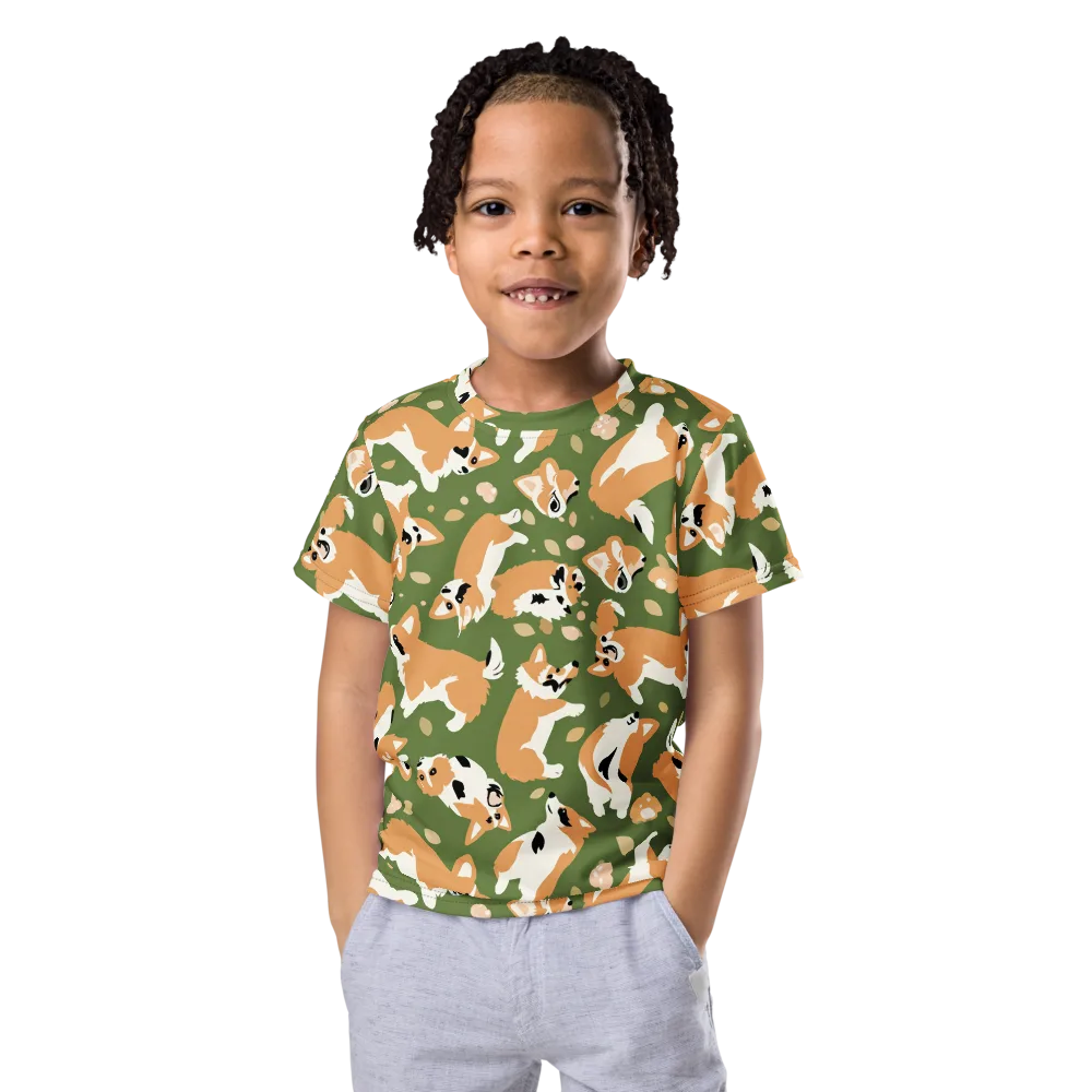 Mossy Corgi Meadow on Kids Crew Neck T-Shirt — Front