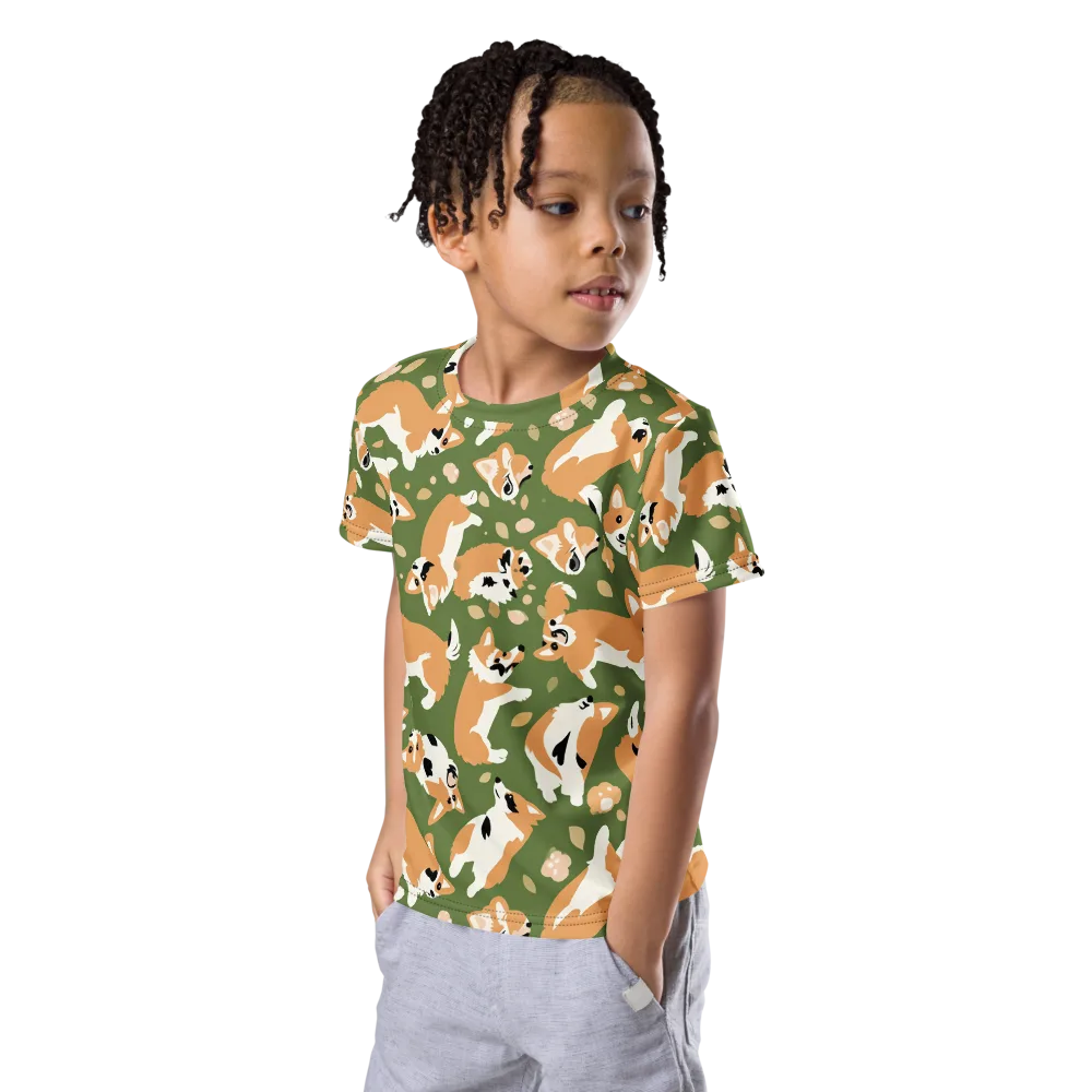 Mossy Corgi Meadow on Kids Crew Neck T-Shirt — Left Front