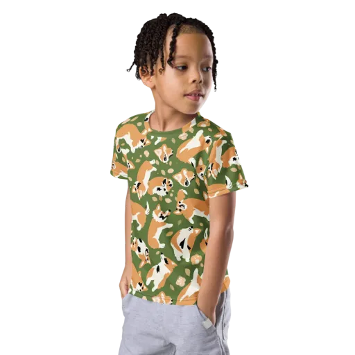 Mossy Corgi Meadow on a Kids Crew Neck T-Shirt
