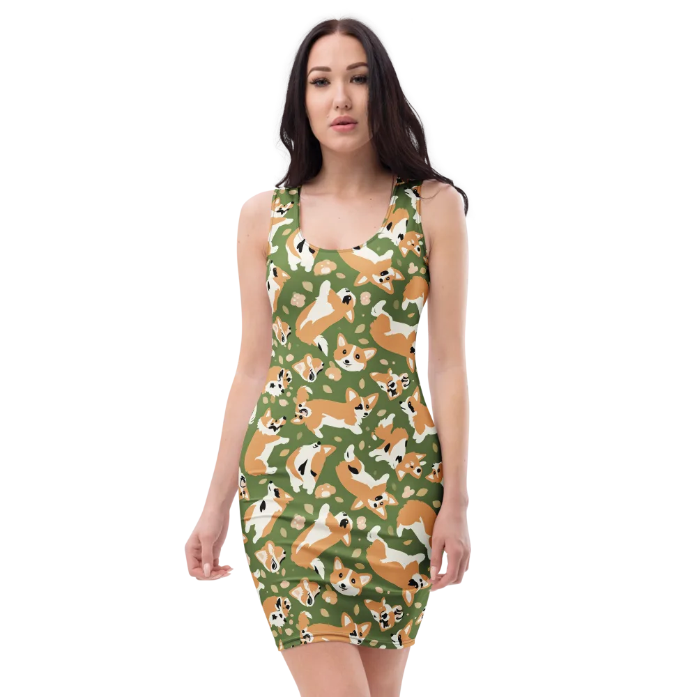 Mossy Corgi Meadow on Bodycon Dress — Front