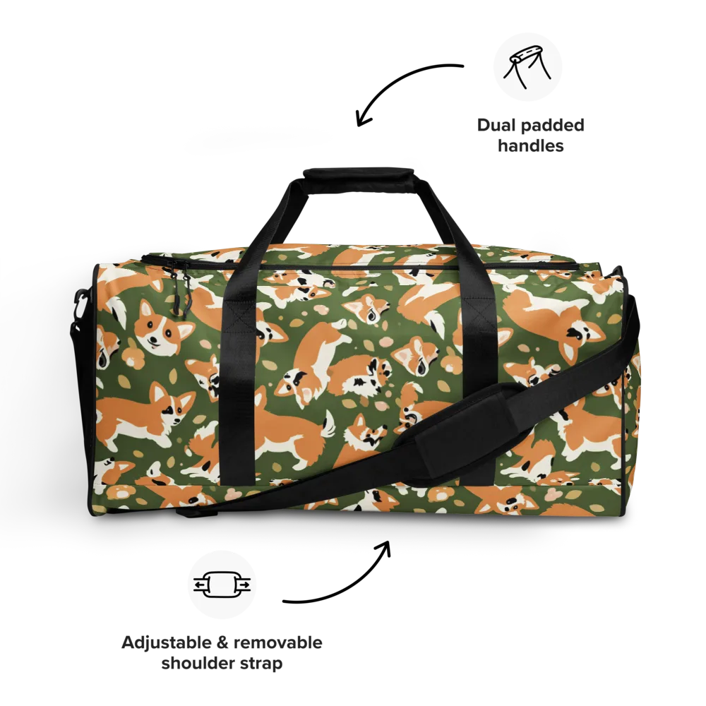 Mossy Corgi Meadow on Duffle Bag — Front