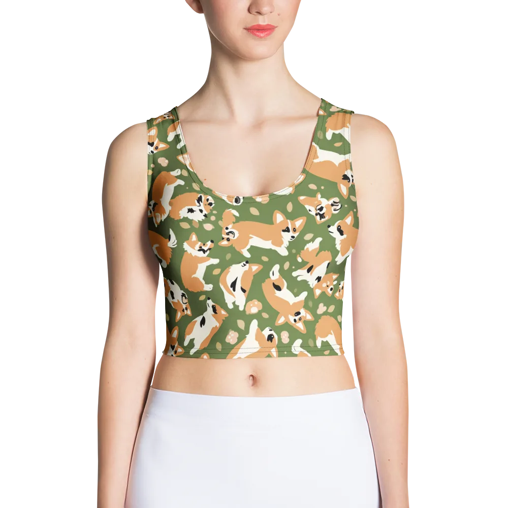 Mossy Corgi Meadow on Crop Top — Front